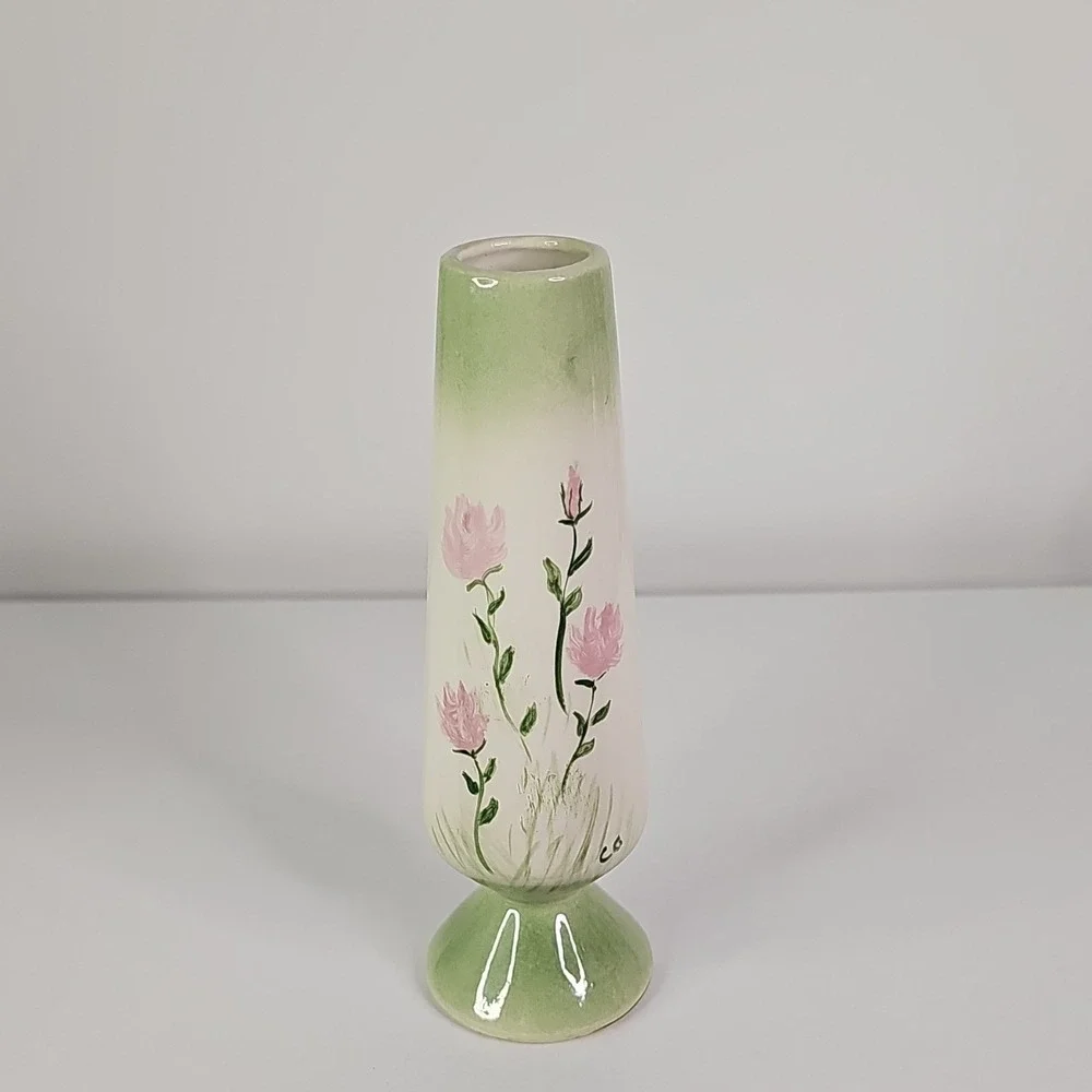 Ceramic Square Floral Flower Vase Green/White/Pink Glossy Finish C.G